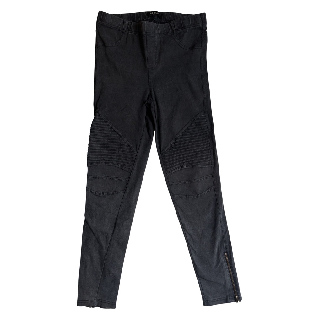 Beula Style Womens Black Moto Leggings Ribbed Knee Ankle Zip Pull On Pants L